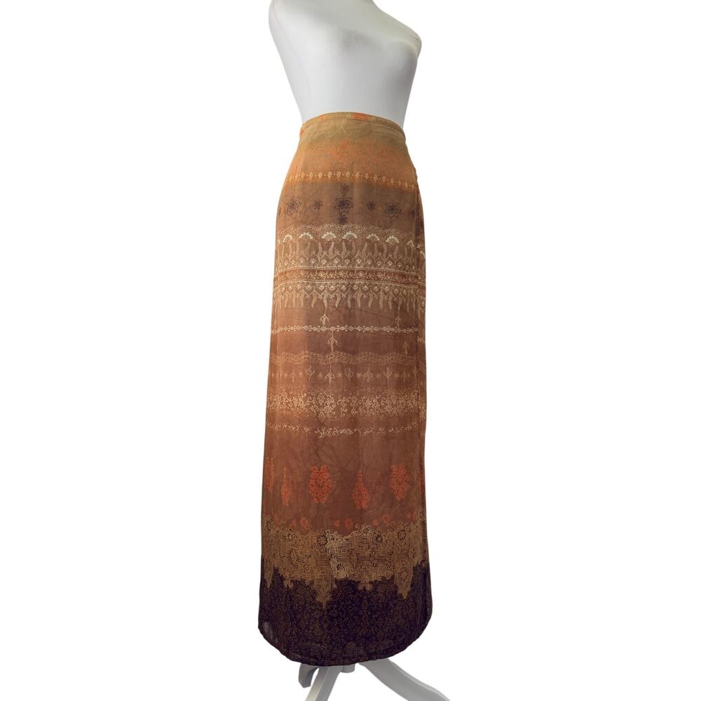 Vintage Y2K Worthington Tall Brown & Tan Boho Print A-Line Maxi Skirt
